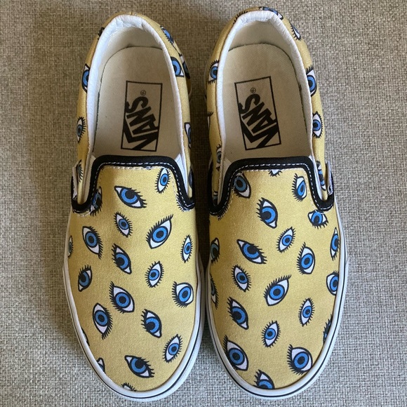 Vans Shoes - Womens 5.5 Vans slip-on shoes with yellow and blue eyeball pattern 👁